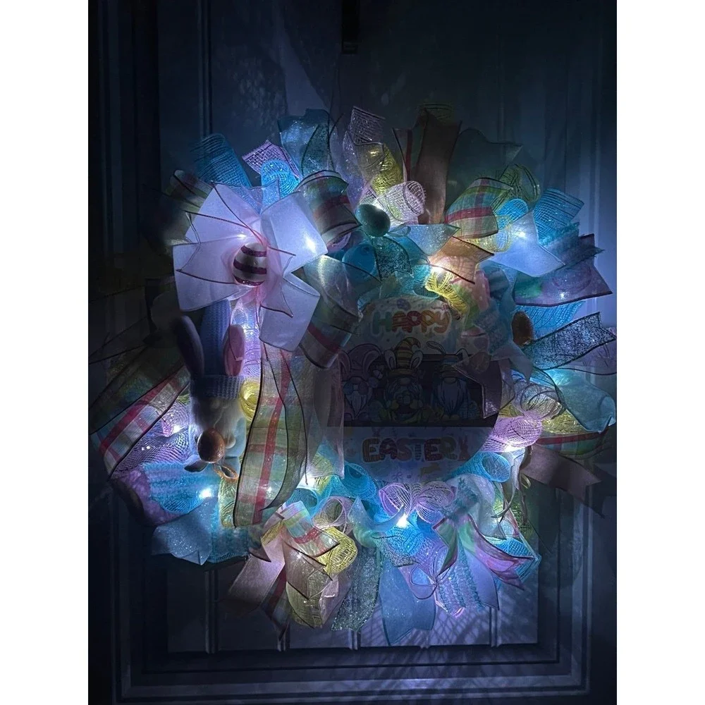 Handmade Easter Bunny Gnome Prelit Ribbon Wreath 22 in LED W10